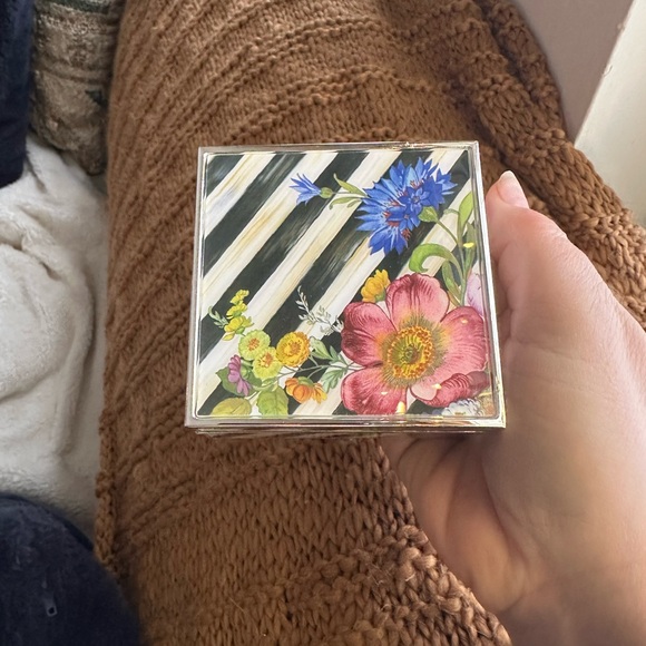 MacKenzie-Childs trinket box 3.5 x 3.5 floral striped velvet lined glass - Picture 8 of 9